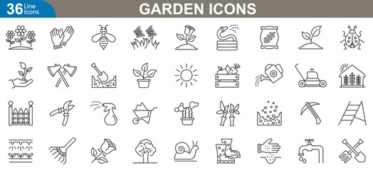 Garden icons set. Plants, equipment, greenhouse, nature, organic, follower, garden tools and more. thin line web icons set vector illustration.