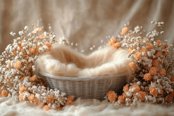 Digital backdrop for newborn, Basket with fur, bokeh, floral backdrop, Composite, Overlay for Photoshop