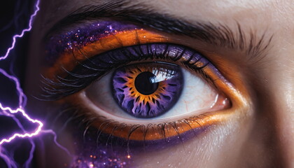 Hyper-detailed close-up purpe eye with the iris and pupil transformed into an abstract galaxy with a high-contrast purple and orange theme. 