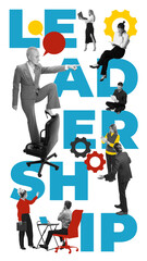 Leadership with business people in different roles, highlighting communication, decision-making, and collaboration. Contemporary art collage. Concept of business, management. Vertical image