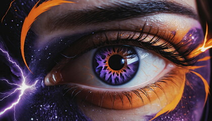 Hyper-detailed close-up purpe eye with the iris and pupil transformed into an abstract galaxy with a high-contrast purple and orange theme. 