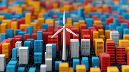 Obraz premium Colorful City Landscape with Wind Turbine Overlooking Urban Environment