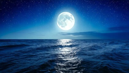 A breathtaking full moon illuminates the ocean, casting shimmering reflections on gentle waves beneath a starry night sky.
