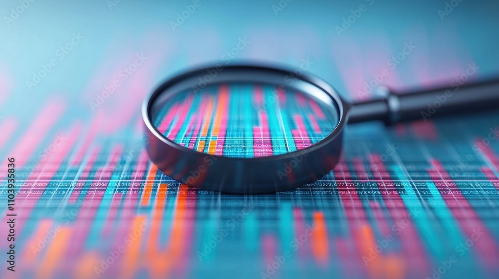 Poster magnifying glass over digital data visualization with colorful graphs and charts