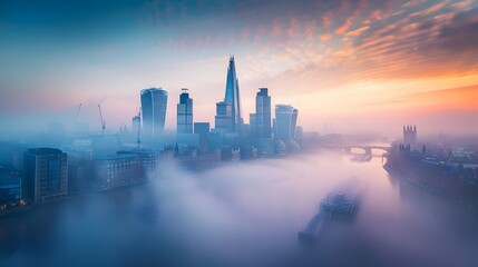 Fototapeta premium London City Skyline Sunrise Fog Envelops Buildings