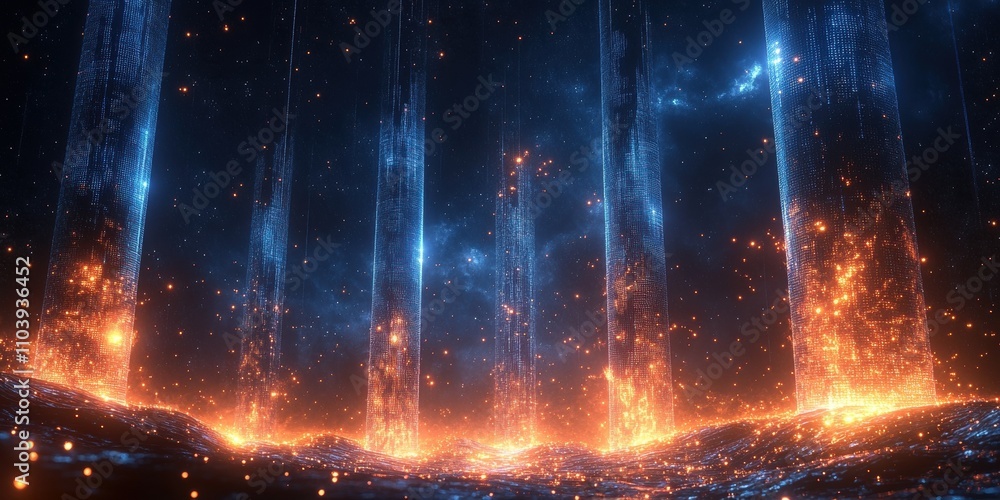 Poster futuristic landscape with glowing light structures and shimmering particles