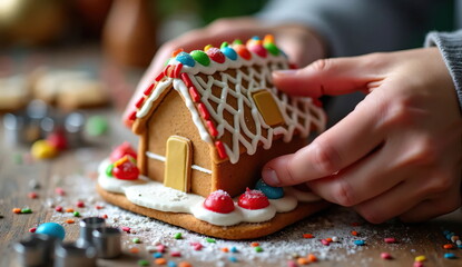 The hands of a man decorating a gingerbread house on a wooden table are depicted. The house is made of gingerbread and decorated with white icing and colorful candies.