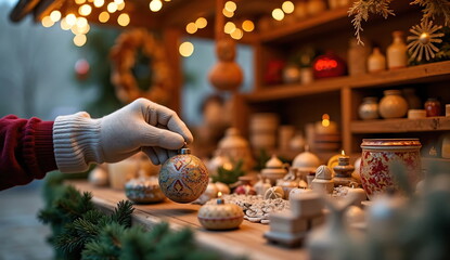 a wooden counter in the market where handmade jewelry, candles and wreaths are sold. A gloved hand reaches for a small piece of jewelry