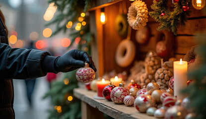 a wooden counter in the market where handmade jewelry, candles and wreaths are sold. A gloved hand reaches for a small piece of jewelry
