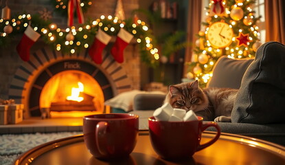 a cozy living room with a Christmas tree, several stockings hanging on the wall above it. There is a cup of hot chocolate with marshmallows on the coffee table. There's a cat sitting on the couch.