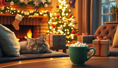 a cozy living room with a Christmas tree, several stockings hanging on the wall above it. There is a cup of hot chocolate with marshmallows on the coffee table. There's a cat sitting on the couch.