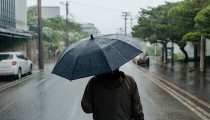 비 오는 거리에서 우산을 쓰고 혼자 걷는 사람의 뒷모습