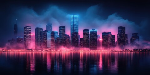 Stunning Night Cityscape with Neon Lights and Reflections in Water at Dusk