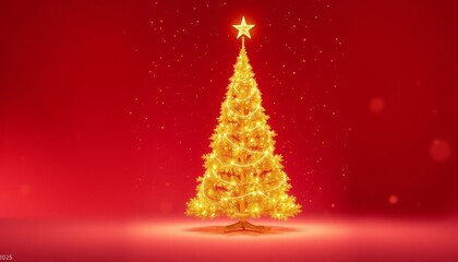 This elegant image captures the spirit of Christmas with a stunning golden Christmas tree adorned with sparkling lights and a star topper. The vibrant red background creates a striking contrast.