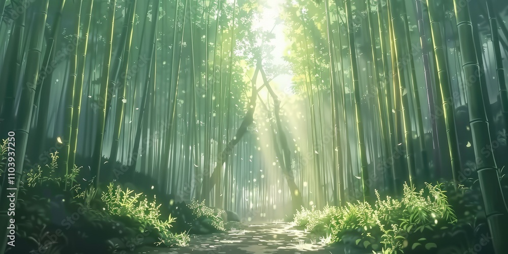 Poster a serene bamboo forest illuminated by sunlight, creating a tranquil and enchanting atmosphere.
