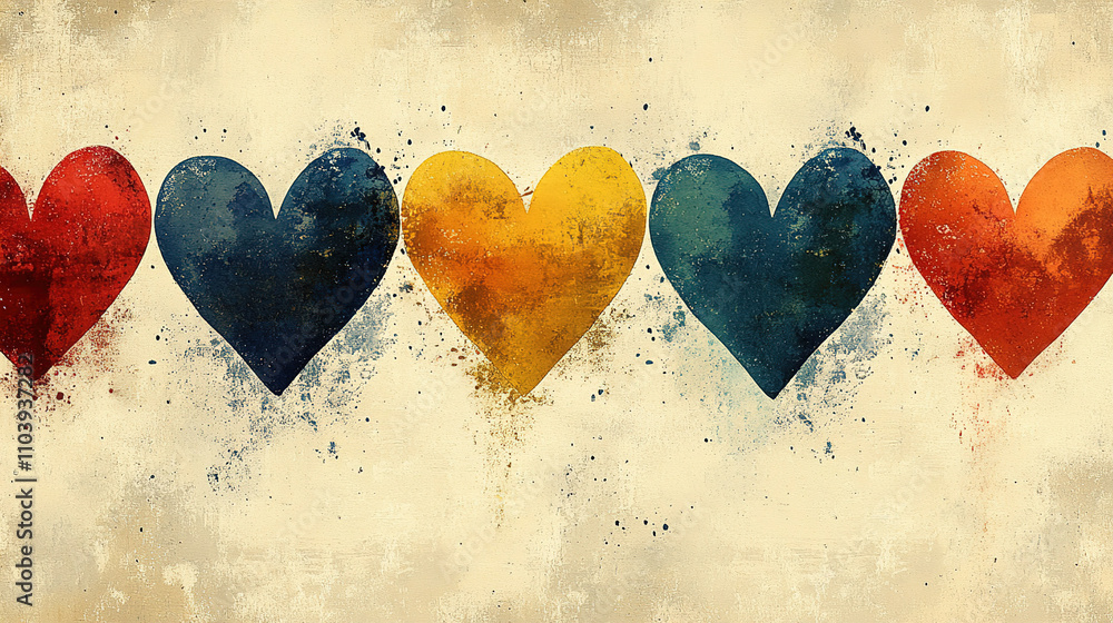 Poster colorful hearts arranged in a row on a textured background showcasing love and affection. generative