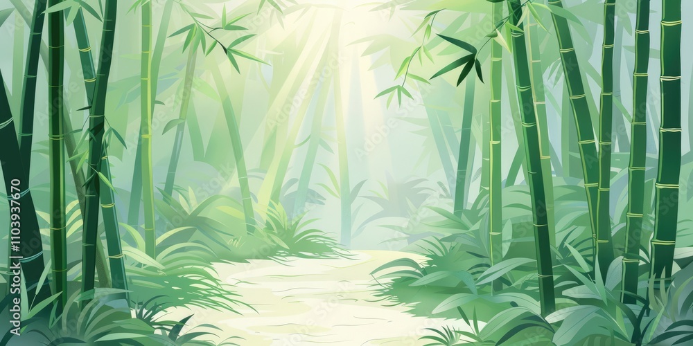 Poster a serene bamboo forest with soft light filtering through the trees, creating a tranquil atmosphere.