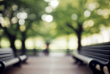 Tranquil park bench scene. Serene park setting; blurred background emphasizes peace, relaxation, and solitude.  Perfect for peaceful themes.