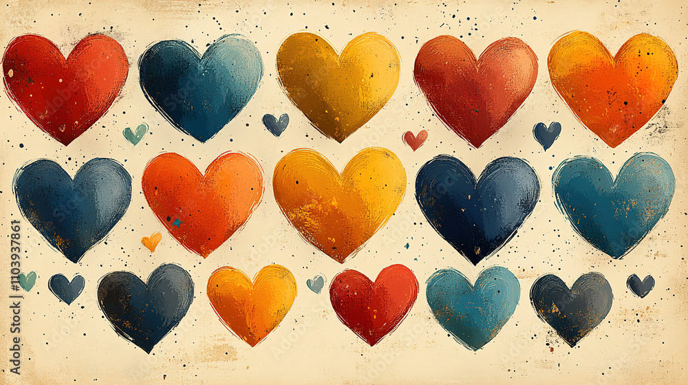 Poster colorful hearts in various shades create a vibrant pattern on a textured background for artistic app
