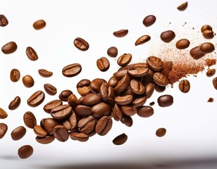 Obraz premium Flying roasted coffee beans against a clean white background, showcasing rich textures and perfect for coffee branding or creative visuals