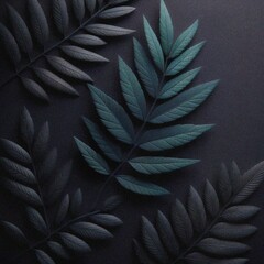 Dark Botanical Leaves: Teal and dark gray foliage on black background, perfect for design and art projects.