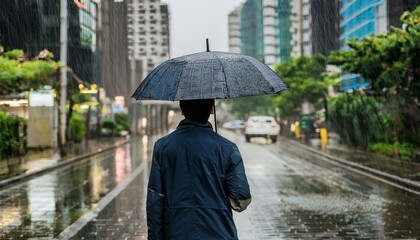 비 오는 거리에서 우산을 쓰고 혼자 걷는 사람의 뒷모습