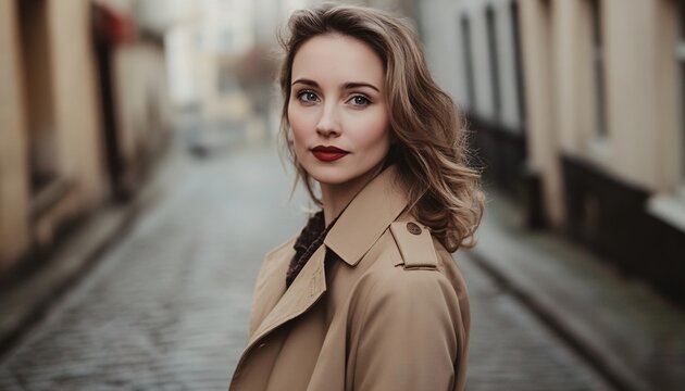 Striking portrait of a confident woman in a vintage trench coat, exuding strength and elegance, showcasing the essence of a powerful beauty.