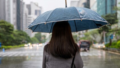 비 오는 거리에서 우산을 쓰고 혼자 걷는 사람의 뒷모습