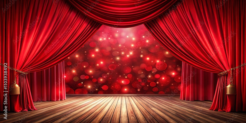 Poster vibrant red stage with elegant curtains and carpet: a captivating setting for performances and event