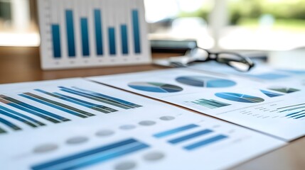 A collection of business charts and graphs presented on a table for analysis.