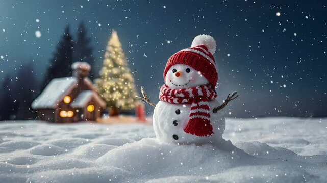 little snowman and Christmas tree on the snow with Christmas decoration and lightning in the winter. Winter holiday background. snowman with hat and scarf. snowy landscape in the forest 4K loop