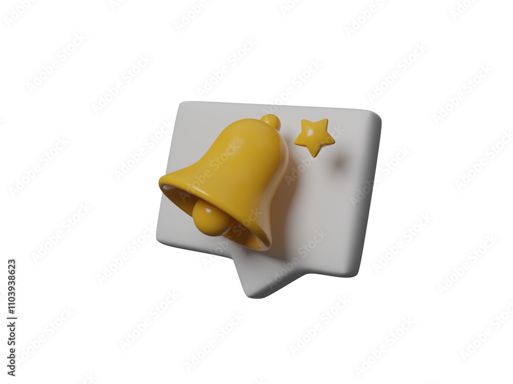 Poster 3d minimal notification bell icon. yellow ringing bell with new notification for social media remind