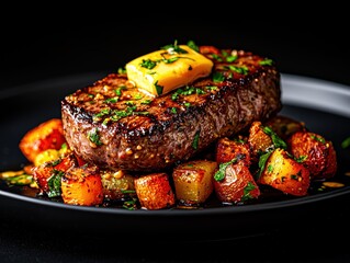 Grilled steak with herb butter gourmet kitchen food photography dark background close-up culinary delight