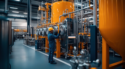 Naklejka premium Industrial worker operating machinery in a modern manufacturing facility with large yellow tanks and metal pipes under bright lighting