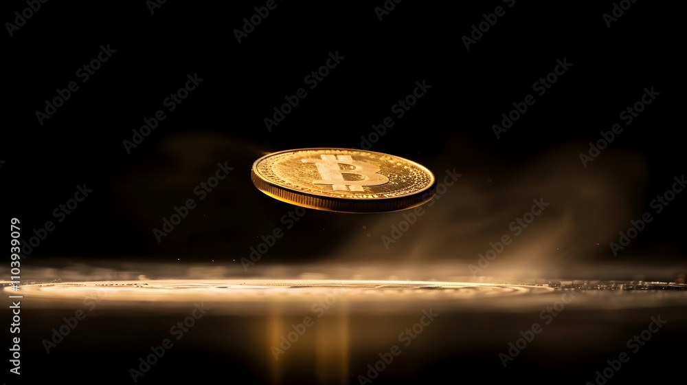 Poster a floating bitcoin coin surrounded by a misty glow, symbolizing digital currency and finance.