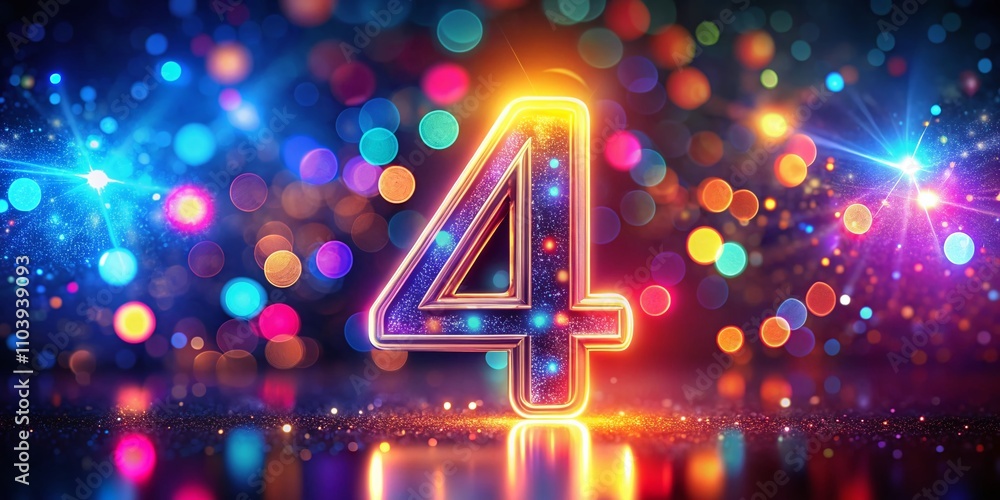 Poster vibrant shiny text effect number 4 animation glowing in high depth of field with dynamic background 