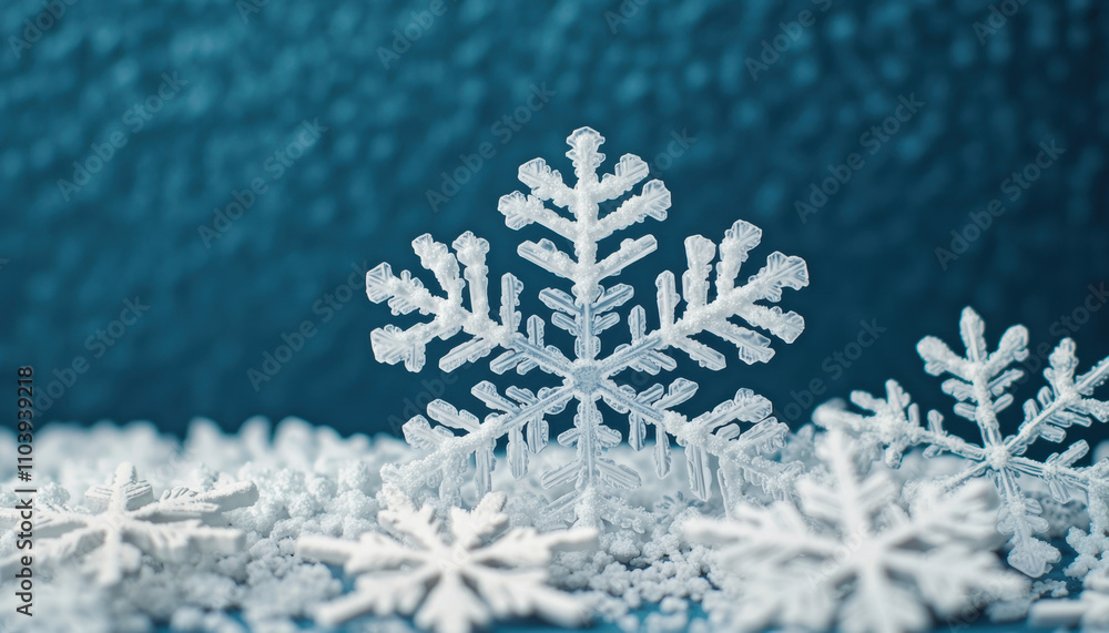 Poster a close-up view of delicate snowflakes resting on a surface, showcasing intricate patterns against a