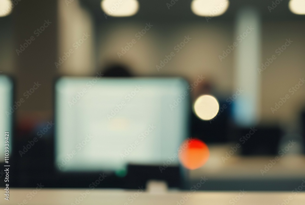 Poster blurred office computers. abstract image of office workspace, suggesting teamwork, collaboration, an