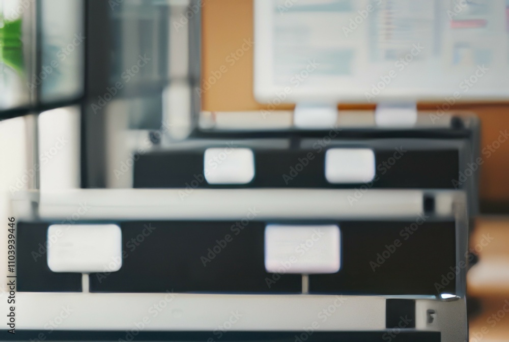Poster office workspace rows. modern office desks convey efficiency and teamwork. a sense of calm productiv