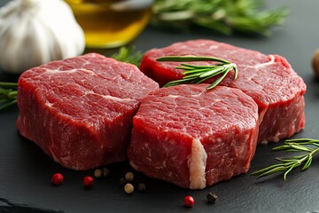 Fresh raw beef steaks garnished with herbs and spices on a dark surface.