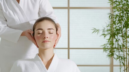 A serene spa scene featuring a woman receiving a relaxing head massage, promoting wellness and tranquility.