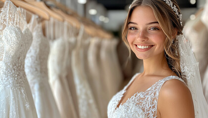 Bride smiling in wedding dress, looking at camera generated by AI