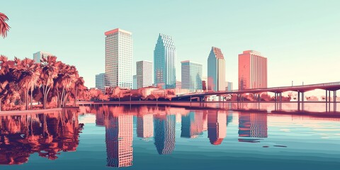 Obraz premium Photo Type: illustration, surreal Subject Focus: Tampa city skyline, marketing items Color Tone: muted tones, clinical whites Setting: clean background, minimalistic Atmosphere: quirky, inventive Text