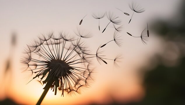 Dandelion Seeds Dispersing at Sunset Glow