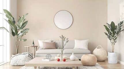 Minimalist Living Room: Neutral tones, round mirror, and natural elements for a serene and modern ambiance.