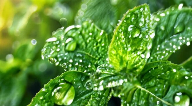 A close-up shot of fresh mint leaves glistening with dew drops in soft morning light. The camera slowly zooms in to capture the intricate details of the leaves