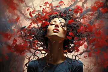 a young woman with her eyes closed and her mouth slightly open, her face and posture express a state of bliss and self-absorption.  