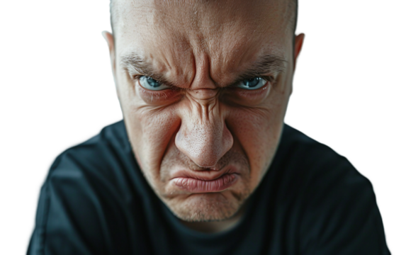 Individual Exhibiting a Stern Expression with Clenched Jaw Isolated on Transparent Background PNG.