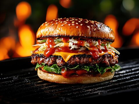 Grilled burger delight backyard bbq food photography outdoor setting close-up shot culinary experience