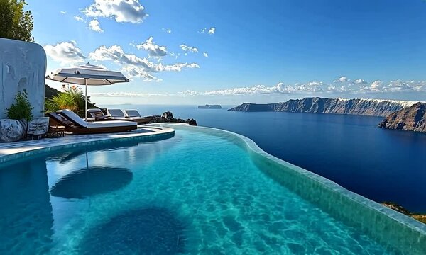 Infinity pool overlooking the Aegean Sea from a luxurious Santorini villa.